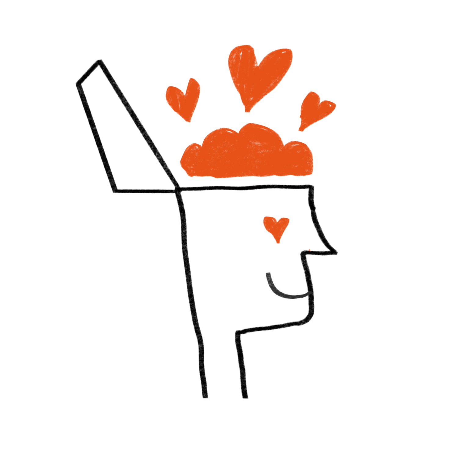 An sideways view of an Illustrated person with heart eyes and hearts coming off their brain