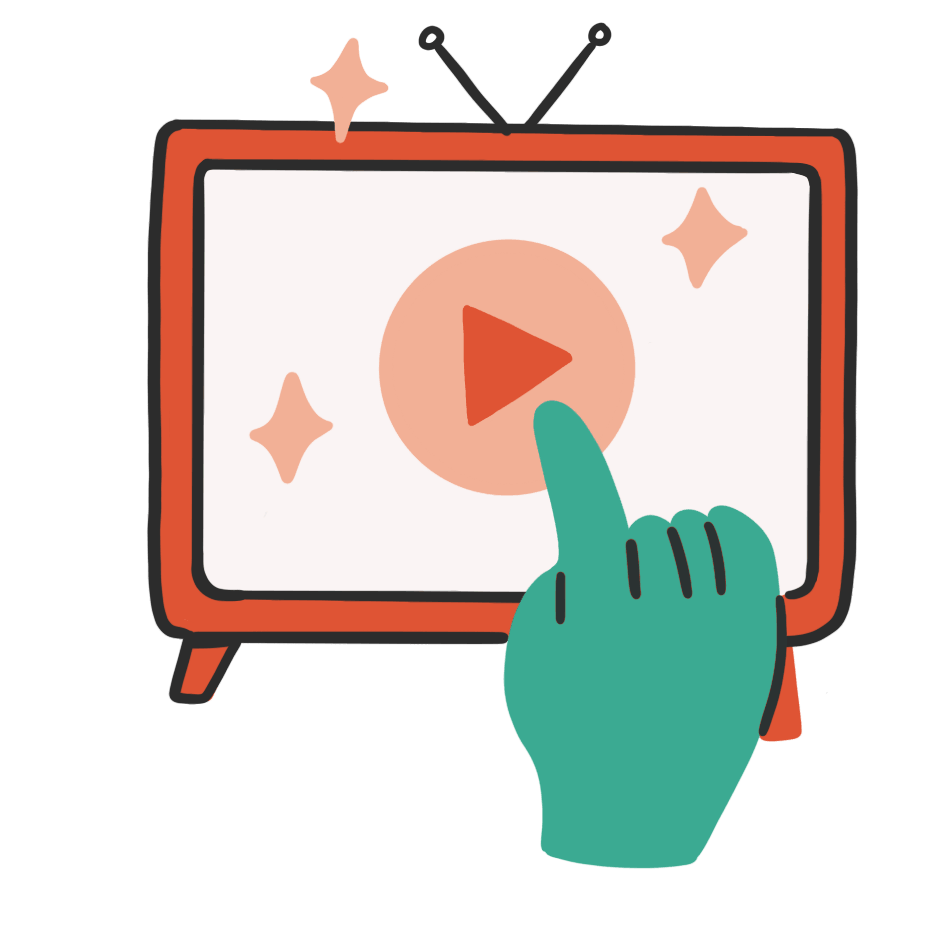 Hand pressing play button on a stylised screen with sparkles, representing video or animation.