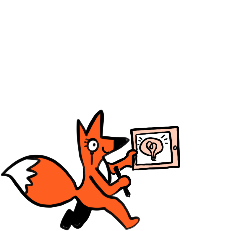 Illustrated Fox holding a tablet with a lightbulb on it